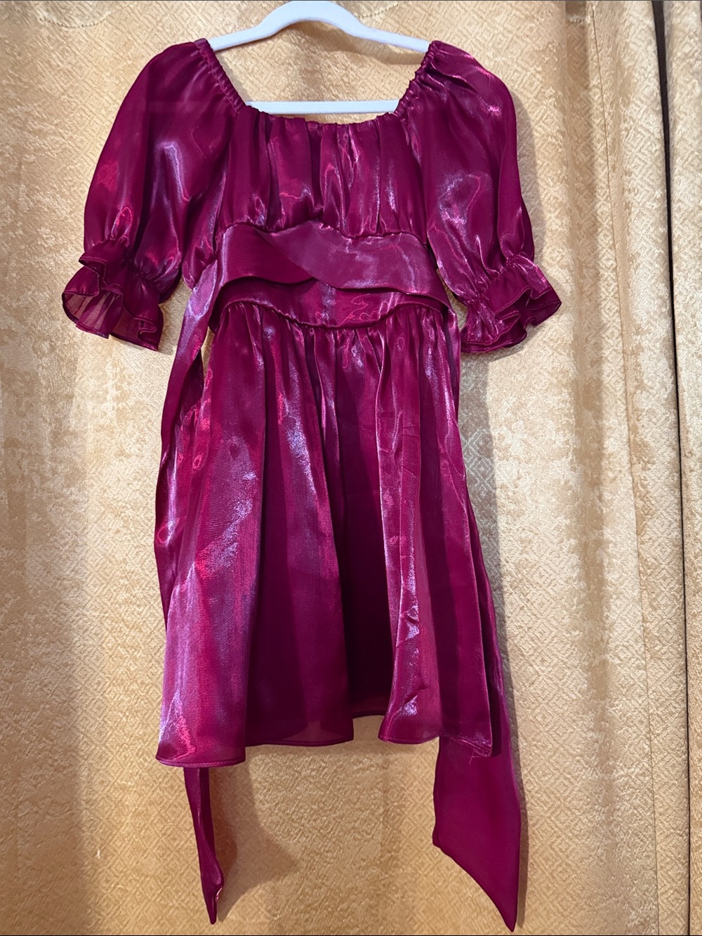 Rare Editions Shimmery Magenta Puff-Sleeve Formal Dress